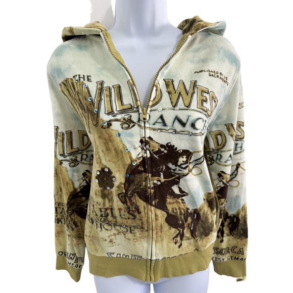 French Postcards Multicolor WildWest Ranch Print ZipUp Long Sleeve Hoodie Medium - Picture 2 of 7